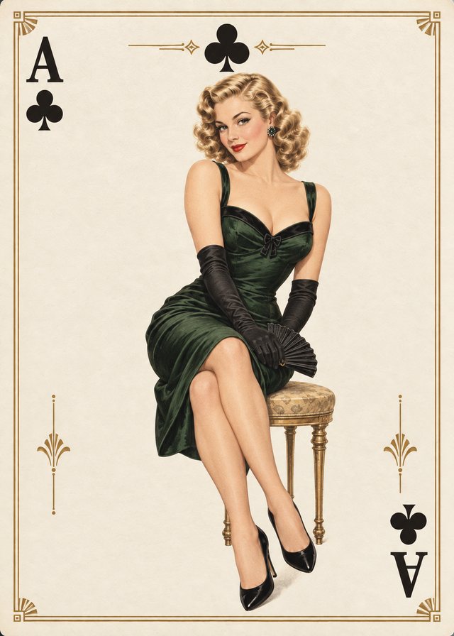Ace of Clubs playing-card front with a vintage illustration of an adult pinup model on ivory parchment, with an antique-gold border.