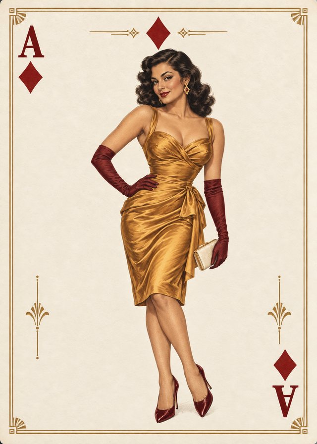 Ace of Diamonds playing-card front with a vintage illustration of an adult pinup model on ivory parchment, with an antique-gold border.