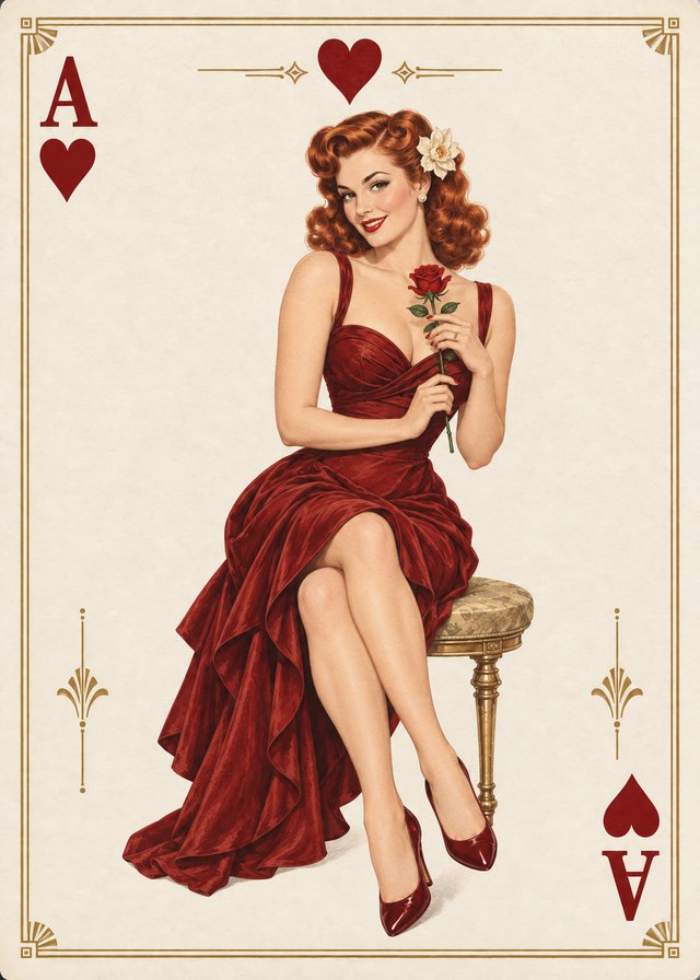 Ace of Hearts playing-card front with a vintage illustration of an adult pinup model on ivory parchment, with an antique-gold border.