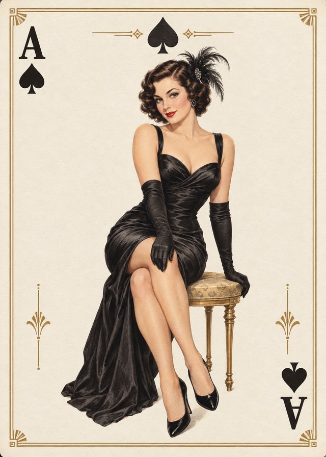 Ace of Spades playing-card front with a vintage illustration of an adult pinup model on ivory parchment, with an antique-gold border.
