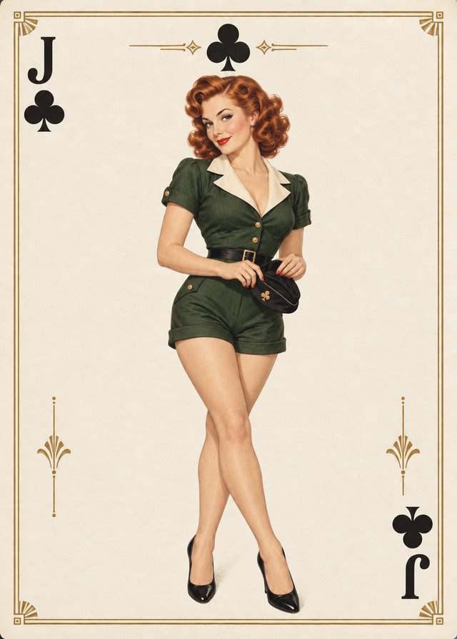 Jack of Clubs playing-card front with a vintage illustration of an adult pinup model on ivory parchment, with an antique-gold border.