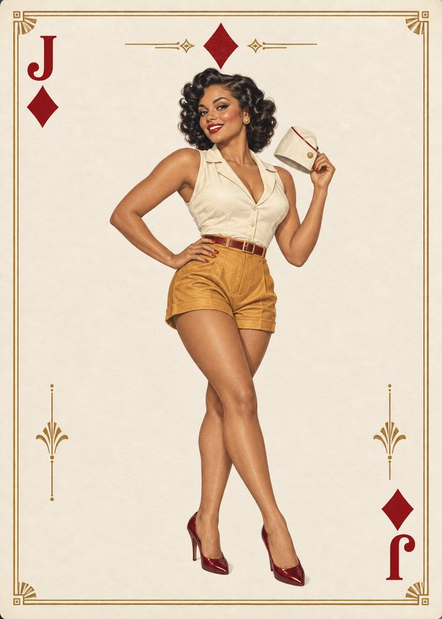 Jack of Diamonds playing-card front with a vintage illustration of an adult pinup model on ivory parchment, with an antique-gold border.