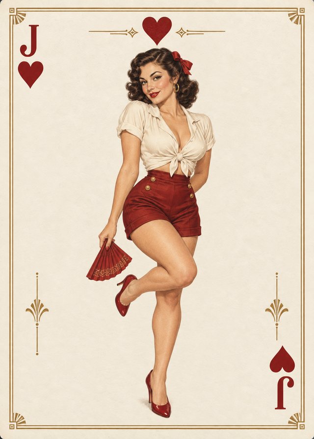 Jack of Hearts playing-card front with a vintage illustration of an adult pinup model on ivory parchment, with an antique-gold border.