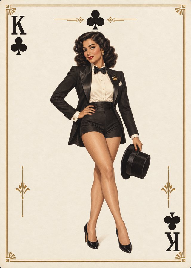 King of Clubs playing-card front with a vintage illustration of an adult pinup model on ivory parchment, with an antique-gold border.