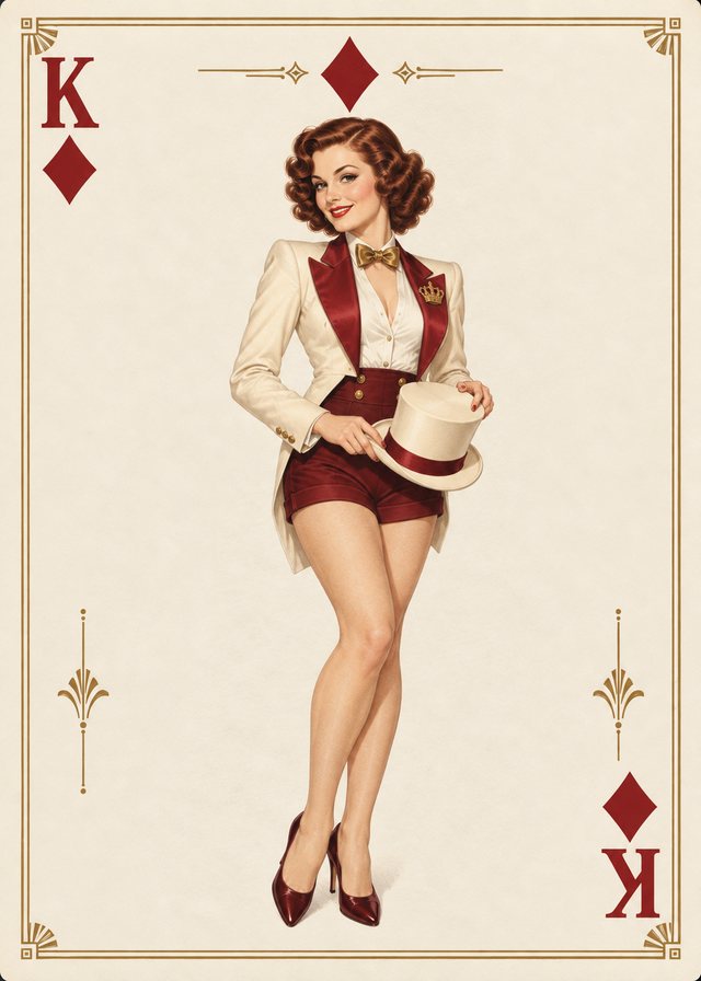 King of Diamonds playing-card front with a vintage illustration of an adult pinup model on ivory parchment, with an antique-gold border.