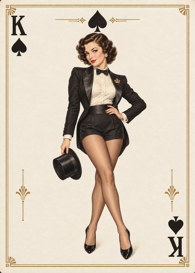 King of Spades playing-card front with a vintage illustration of an adult pinup model on ivory parchment, with an antique-gold border.