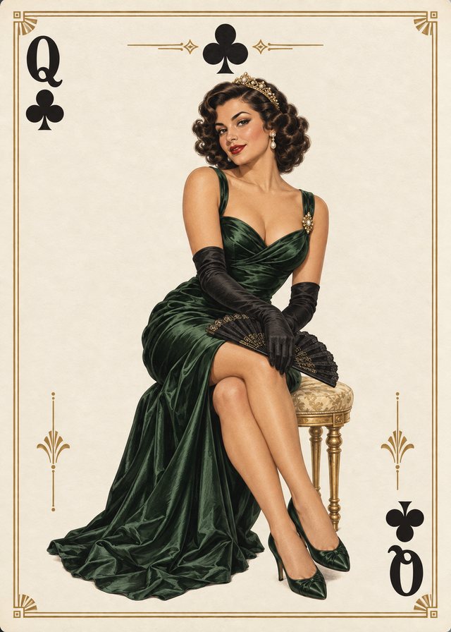 Queen of Clubs playing-card front with a vintage illustration of an adult pinup model on ivory parchment, with an antique-gold border.