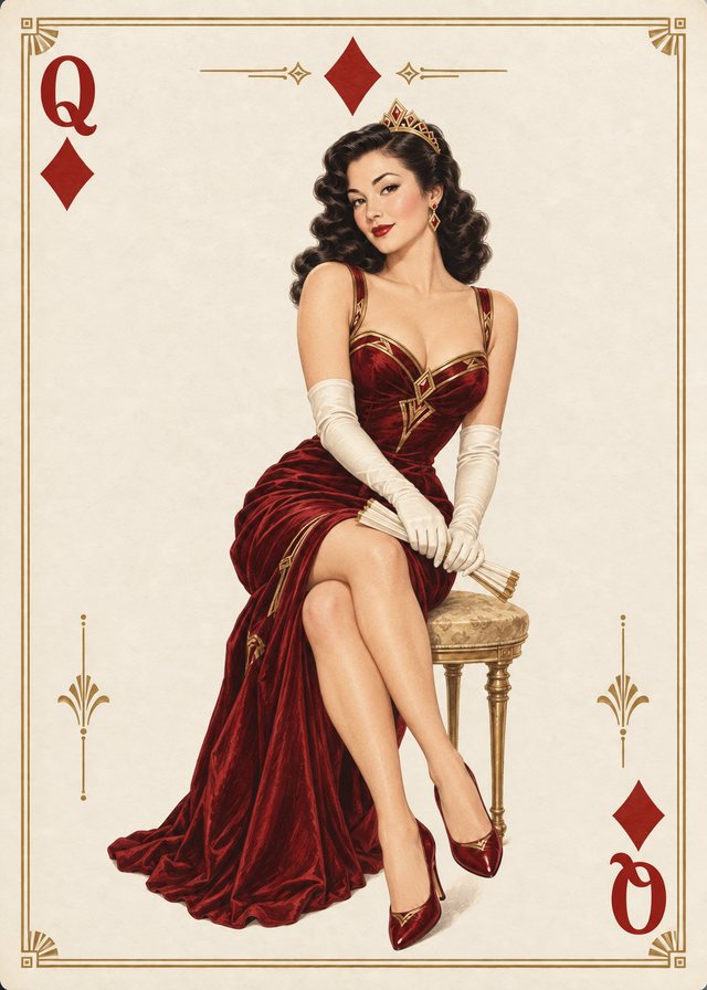 Queen of Diamonds playing-card front with a vintage illustration of an adult pinup model on ivory parchment, with an antique-gold border.