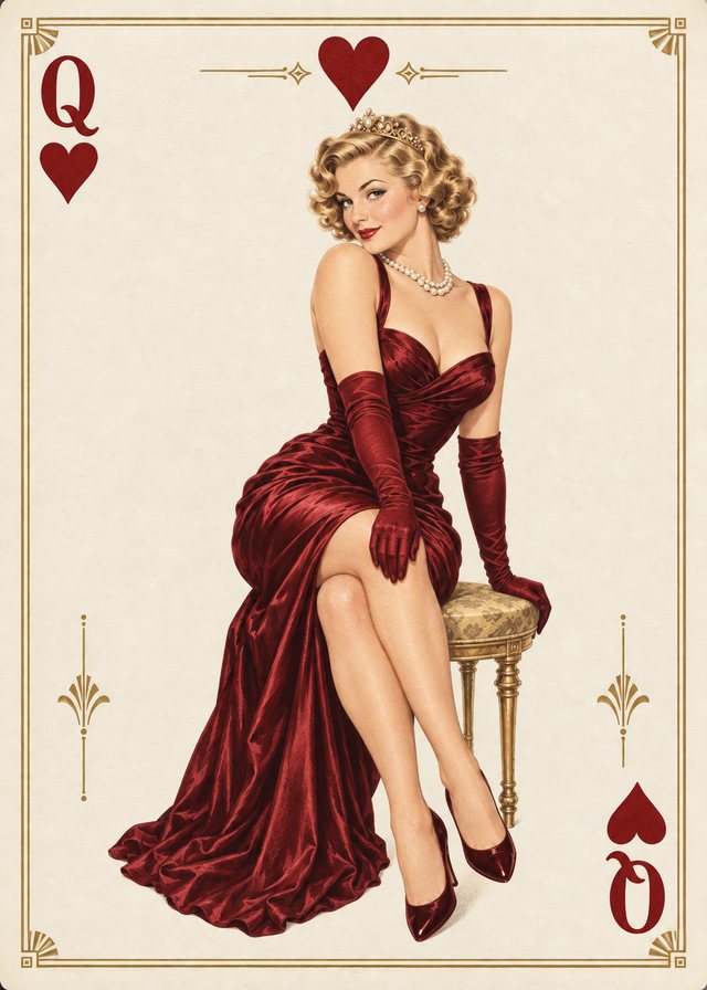 Queen of Hearts playing-card front with a vintage illustration of an adult pinup model on ivory parchment, with an antique-gold border.