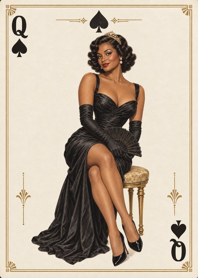Queen of Spades playing-card front with a vintage illustration of an adult pinup model on ivory parchment, with an antique-gold border.