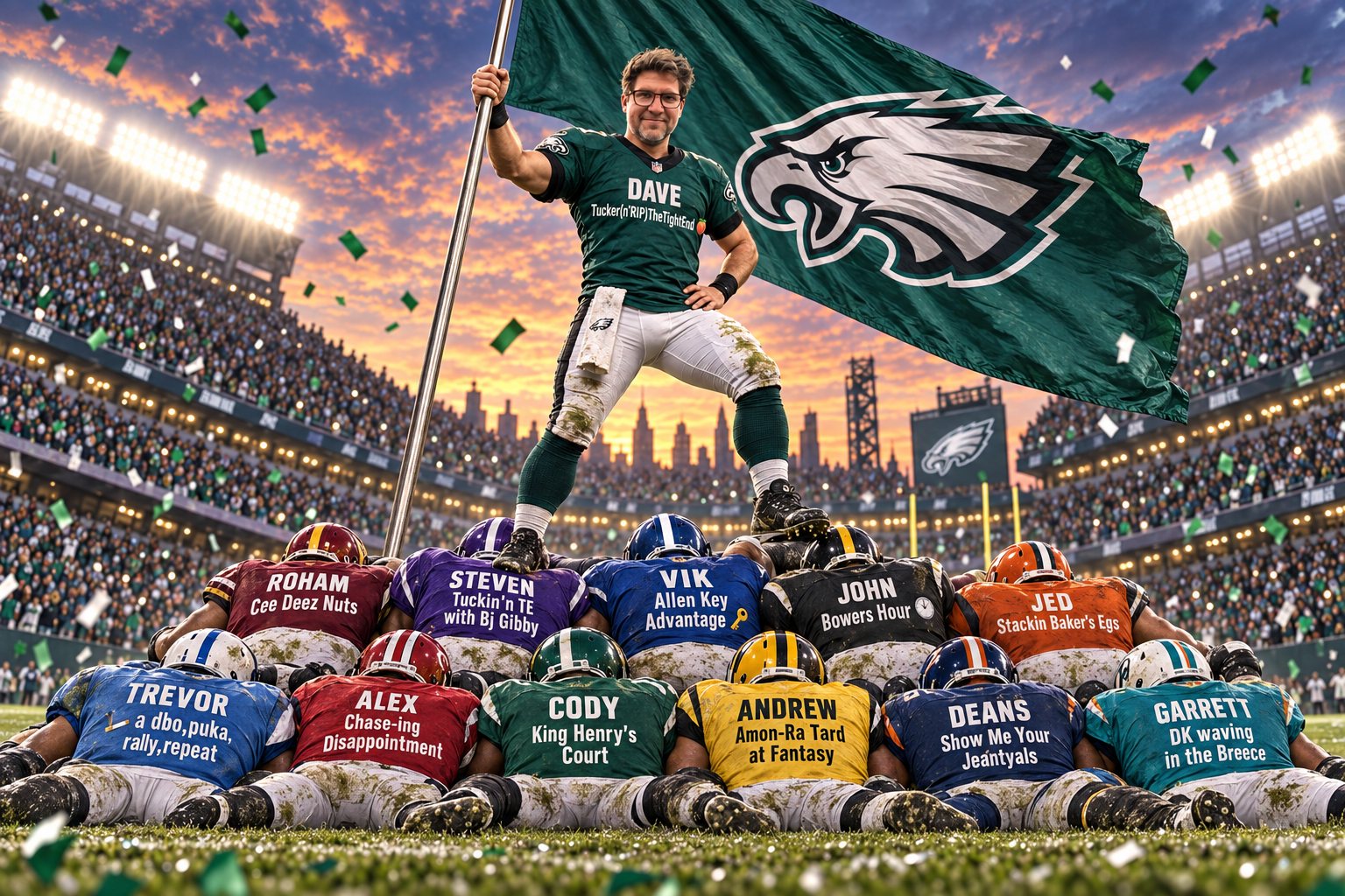 Dave in an Eagles jersey reading 'Tucker(n'RIP)TheTightEnd', holding a Philadelphia Eagles flag, standing on a pile of eleven fallen players wearing the other managers' names and 2025 team names.