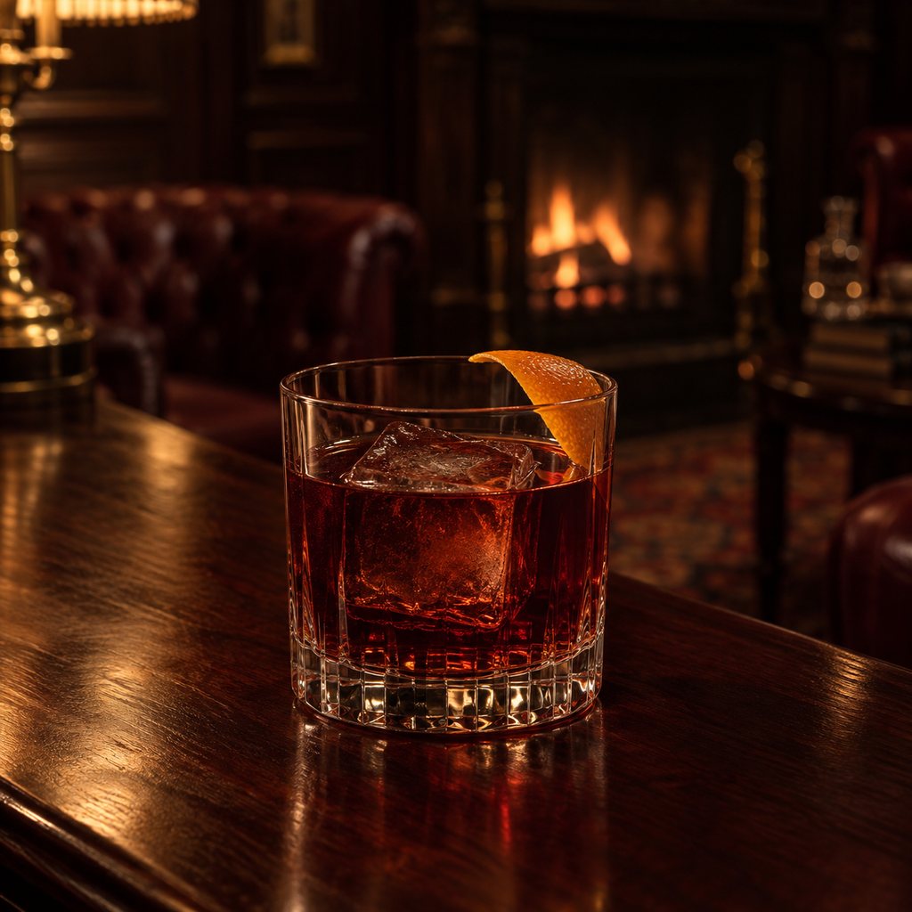 A deep garnet Boulevardier with one large ice cube and orange peel, with a fireplace glowing behind it.