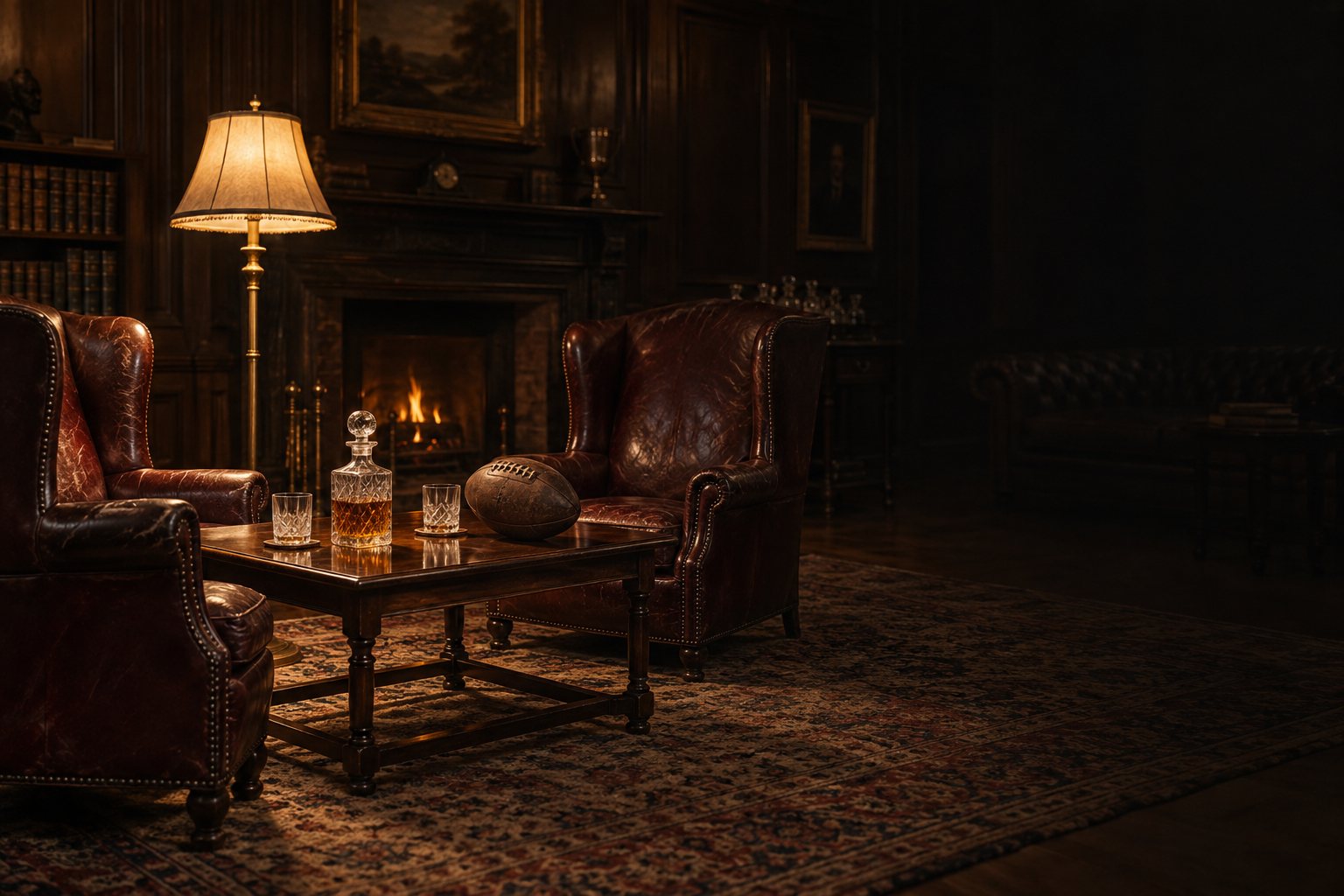An empty wood-panelled lounge with worn leather wingback chairs, a whisky decanter, two glasses, and an old leather football.