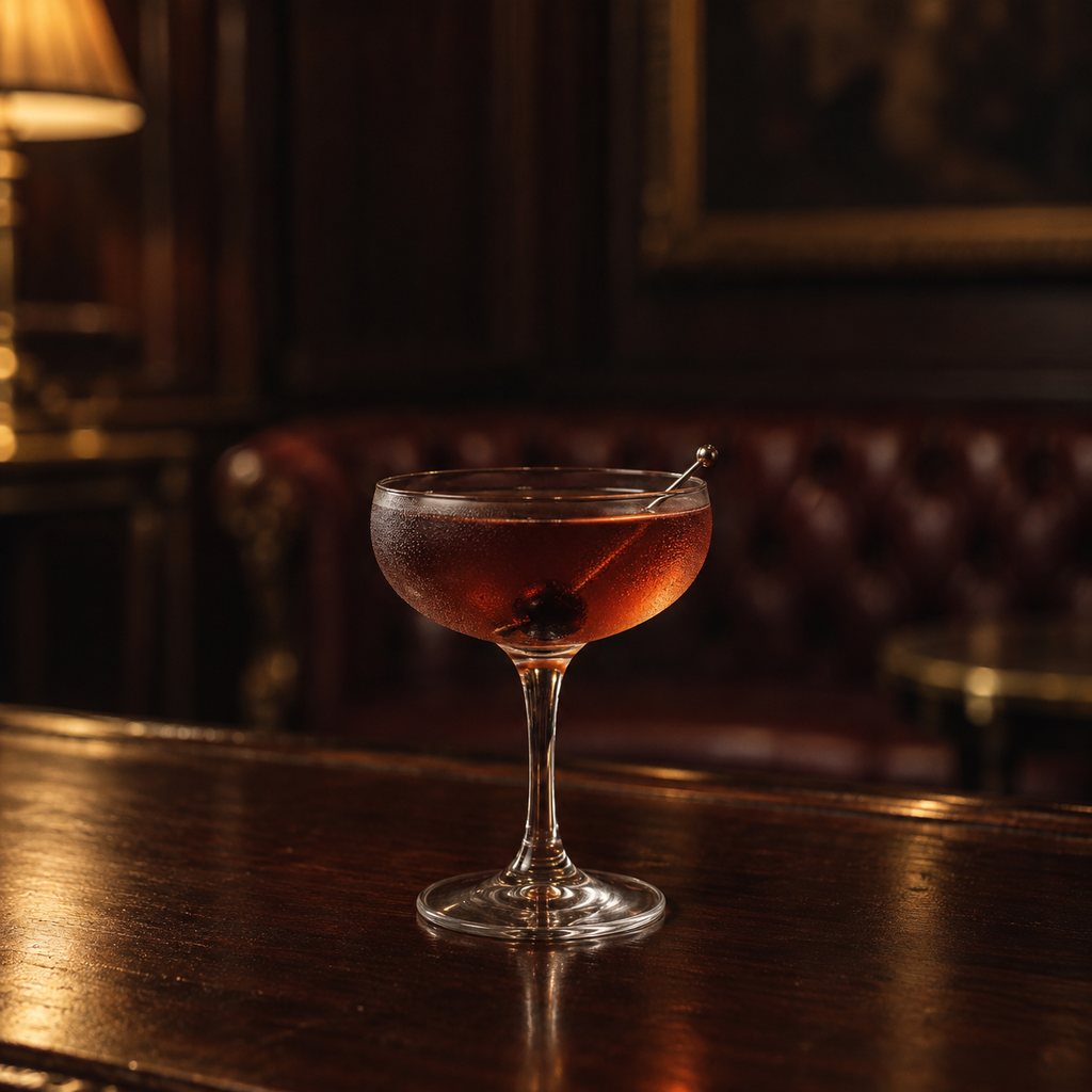 A mahogany-red Manhattan in a chilled coupe with a dark cherry on a cocktail pick.