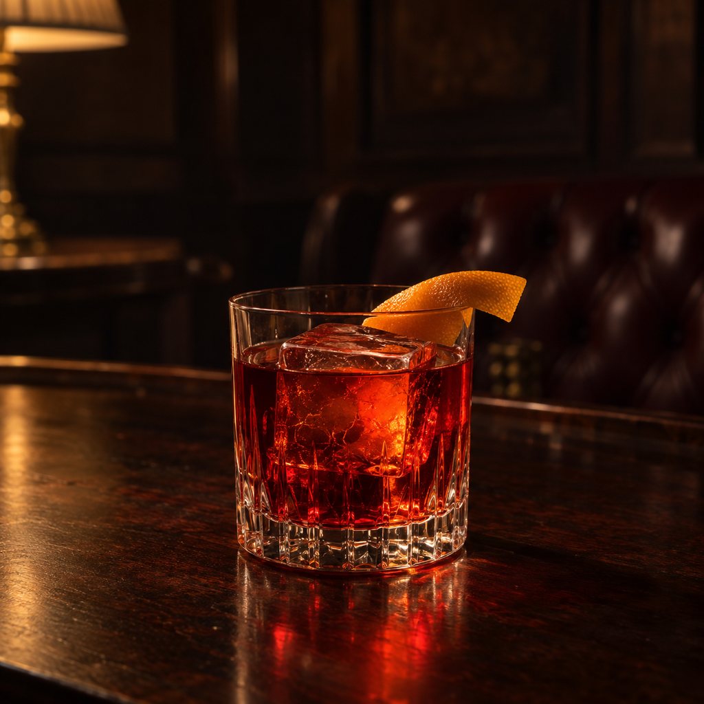 A glowing red-orange Negroni with one large ice cube and orange peel on a dark mahogany bar.