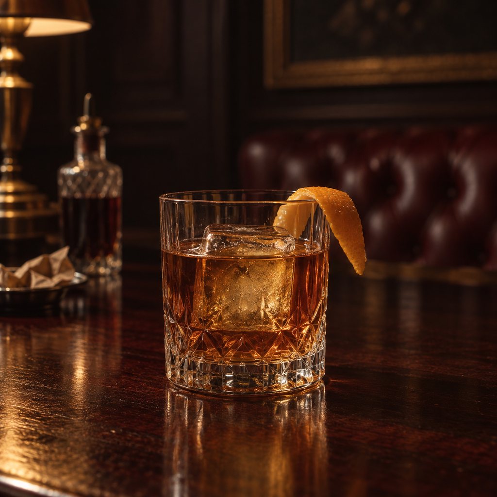 An amber Old Fashioned with one large ice cube and orange peel in a cut-crystal rocks glass on a mahogany bar.