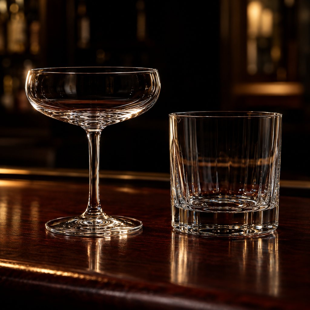 An empty coupe and an empty heavy rocks glass with bright rim highlights against a dark bar.