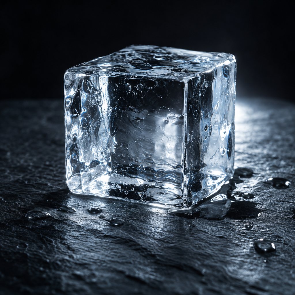 A single clear ice cube with meltwater droplets on dark slate in cold blue-grey light.