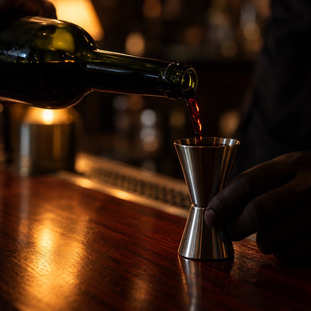 Red-brown vermouth pouring from an unlabelled green bottle into a stainless-steel jigger over mahogany.