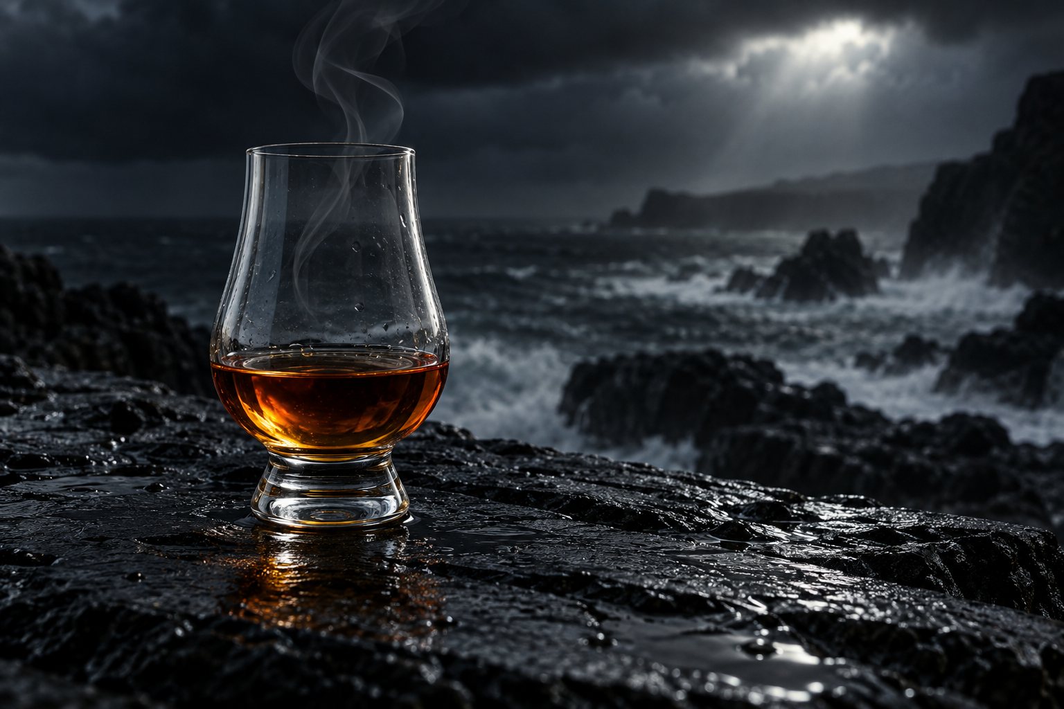 A dark amber dram in a Glencairn glass on wet black stone, with grey smoke and a stormy coastline behind it.