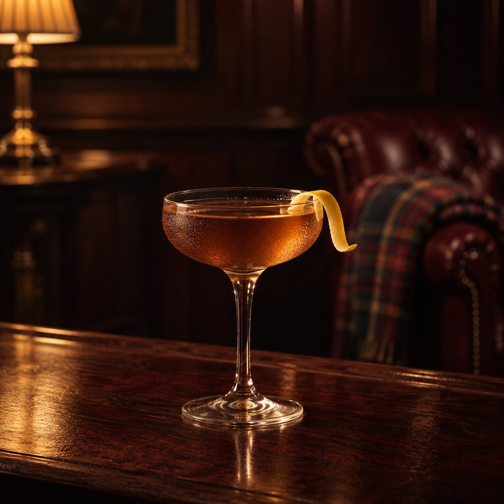 A bronze-amber Rob Roy in a chilled coupe with a lemon twist, with tartan and oxblood leather behind it.