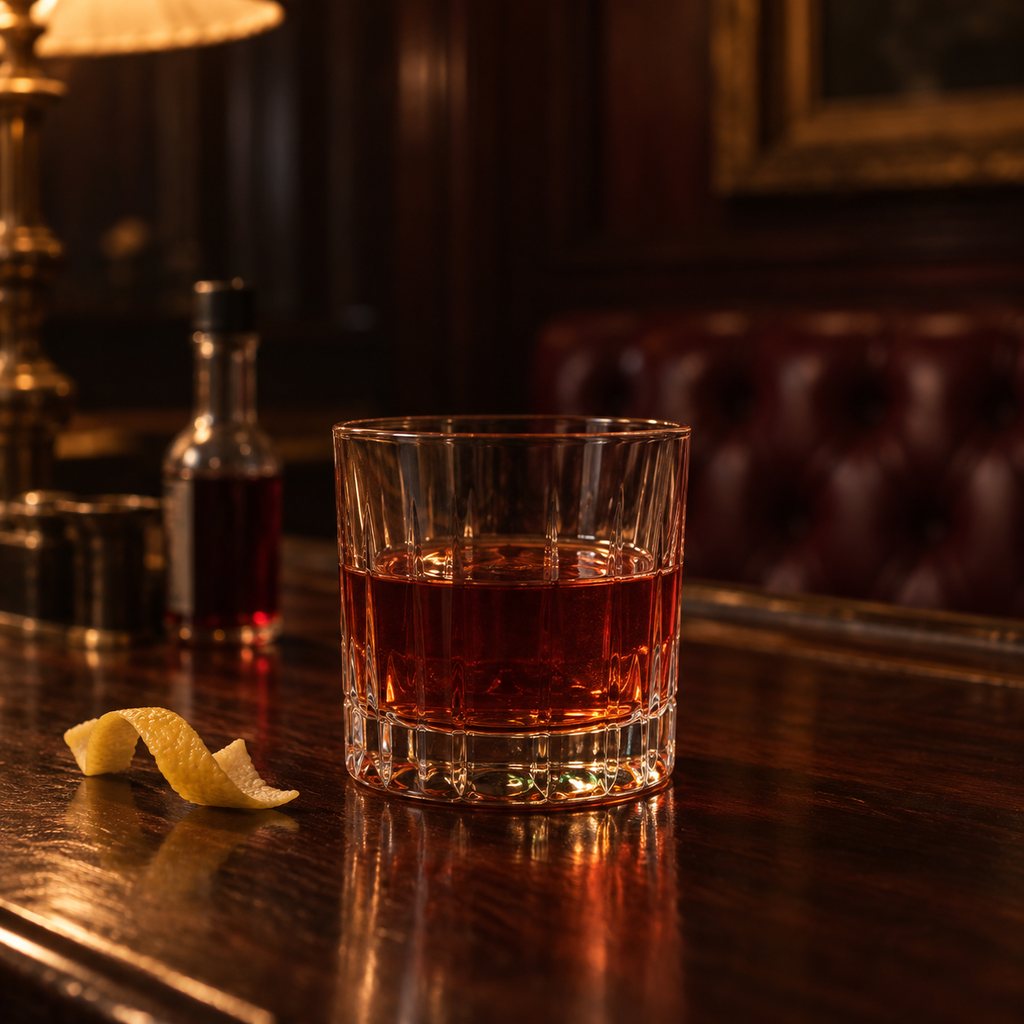 An amber-red Sazerac served without ice, with a discarded lemon twist beside the rocks glass.