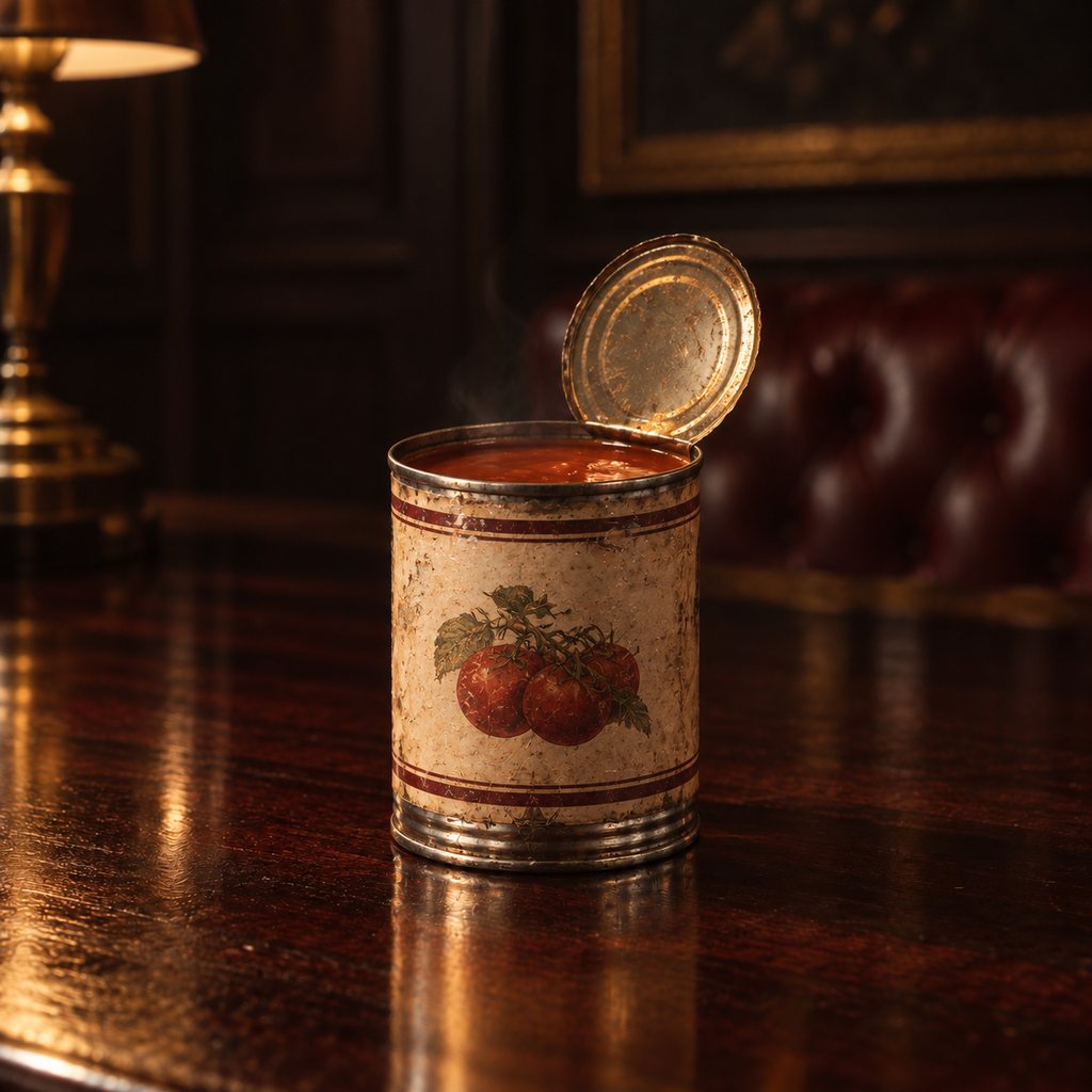 An opened tin of condensed tomato soup, lid peeled back, standing on a polished mahogany bar in front of oxblood leather, lit by a brass lamp like a cocktail.