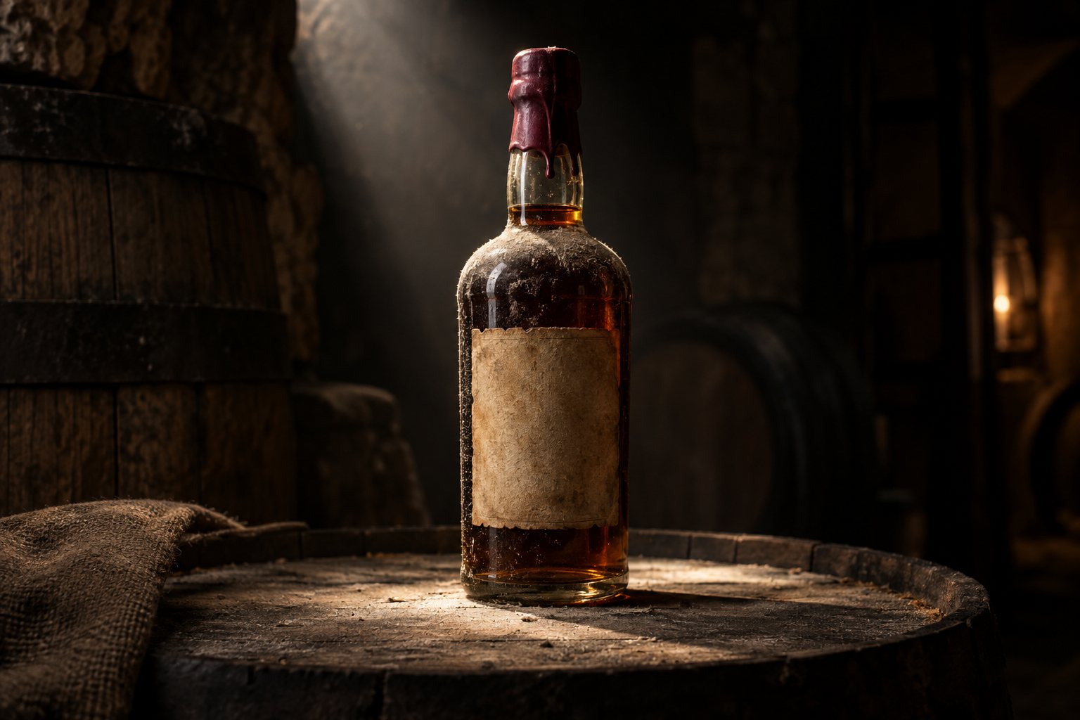 A dusty whisky bottle sealed with dark red wax and a blank aged label, illuminated in a dark cellar.