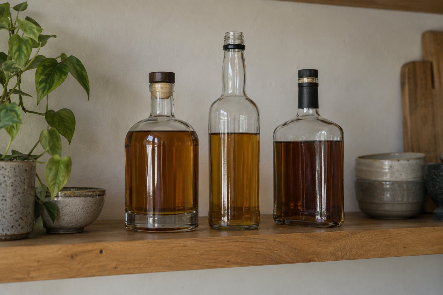 Three unlabelled whisky bottles of different shapes on a wooden kitchen shelf in daylight.