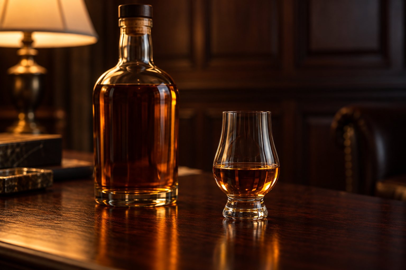 An unlabelled whisky bottle and an amber dram in a Glencairn glass on warmly lit mahogany.